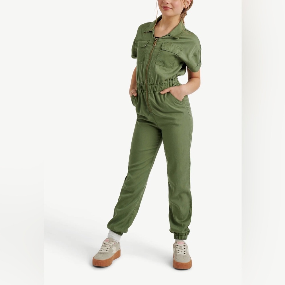 NWT Justice Girls Utility Jumpsuit Green Size L 12/14‎ Zip Front Short Sleeve